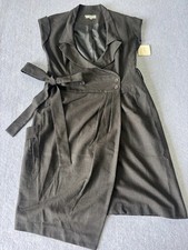 Veronika Maine Trench Wrap Dress Womens 14 Grey Belt Waist Sleeveless Two Button