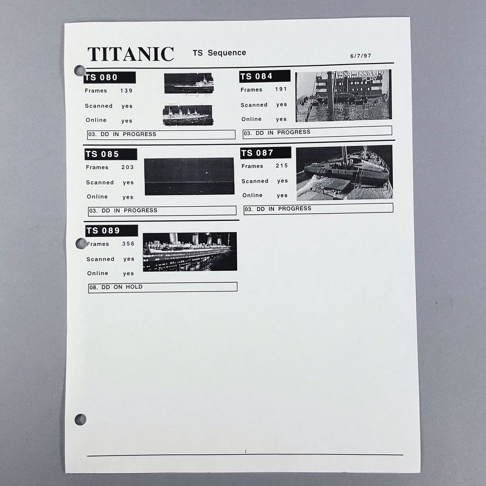 Titanic VFX Shot Tracker Report TS Sequence Ship Model Shots Original COA