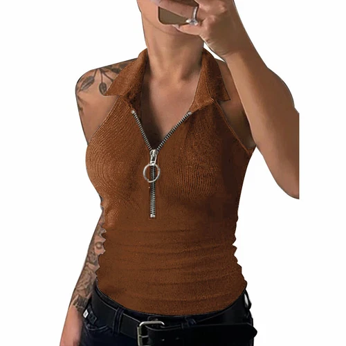 Women Summer Zipper V Neck Cami Vest Ladies Summer Blouse Tank Top T Shirt  - Imagen 10 de 19