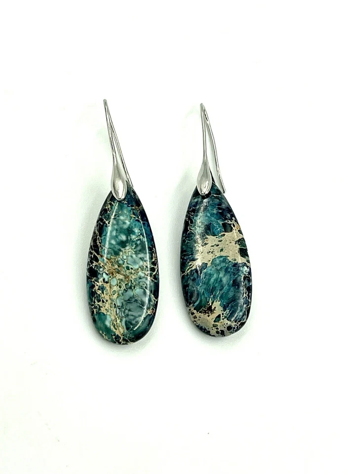 Brincos pendurados de jaspe com sedimento azul marinho natural lágrima pedras preciosas azuis - Imagem 2 de 2