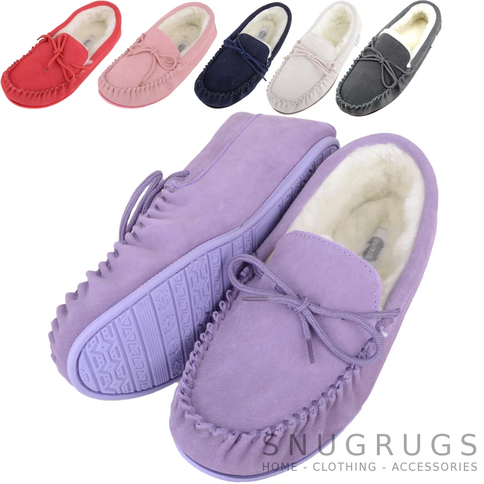 SNUGRUGS Ladies / Womens Luxury Lambswool Suede Moccasin / Slipper Rubber Sole