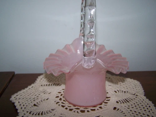 Vintage Fenton Lt Pink Cased Glass Basket w Clear Handle