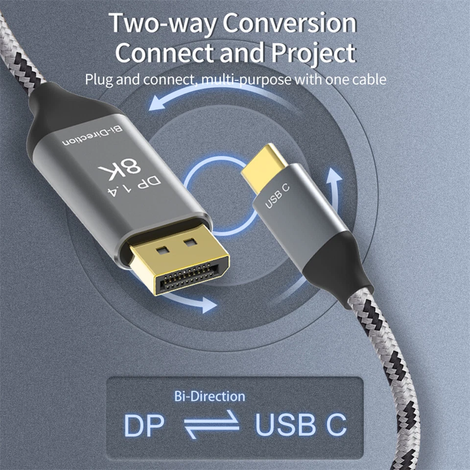 CY DP Source to USB 3.1 Type C USB-C Displays Male 8K HDTV Cable for Laptop 1.8m - Image 2 of 4