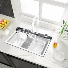 Flying Rain Stainless Steel Waterfall Kitchen Sink with Faucet White 30"--