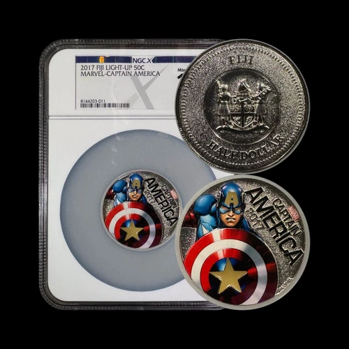 FIJI. 2017, 50 Cents - NGC X 10 - Top Pop 🥇 Marvel Light, Captain America MS70