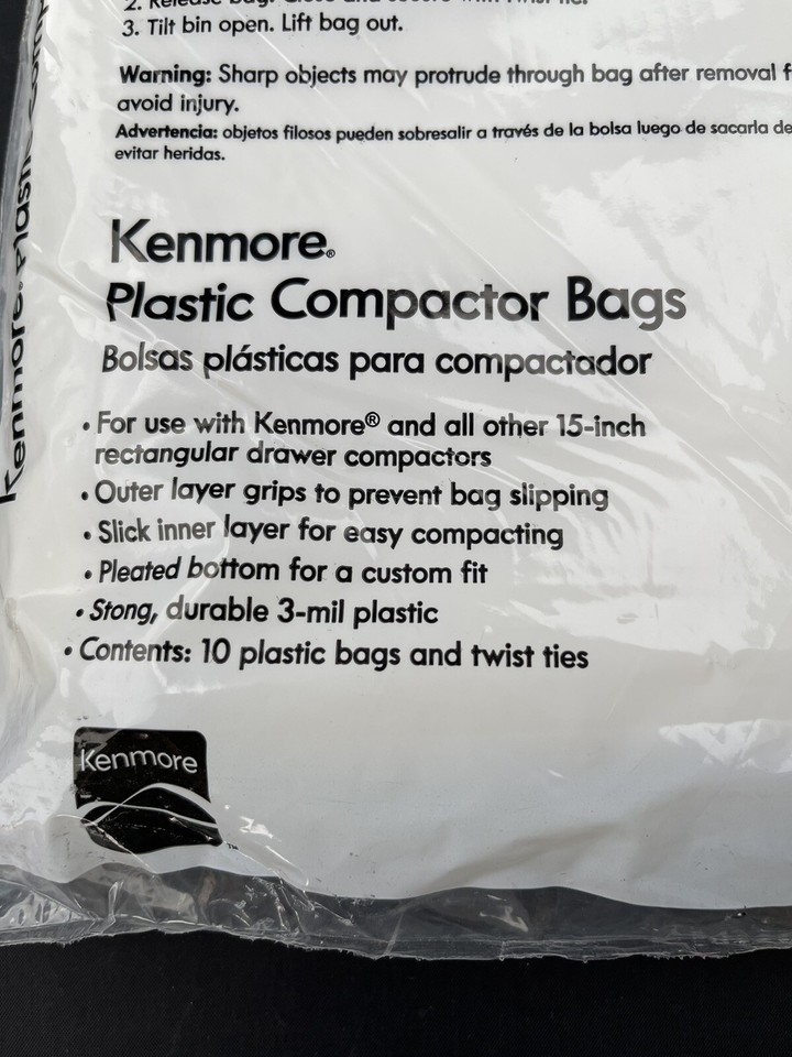 Kenmore Crush Plastic Trash Compactor 10 Bags 2213370 15inch NOS