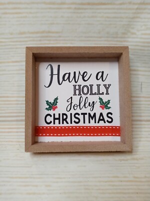 New! ''Have a Holly Jolly Christmas'' 4'' Box Frame Wood Sign Decor Ribbon Holiday 