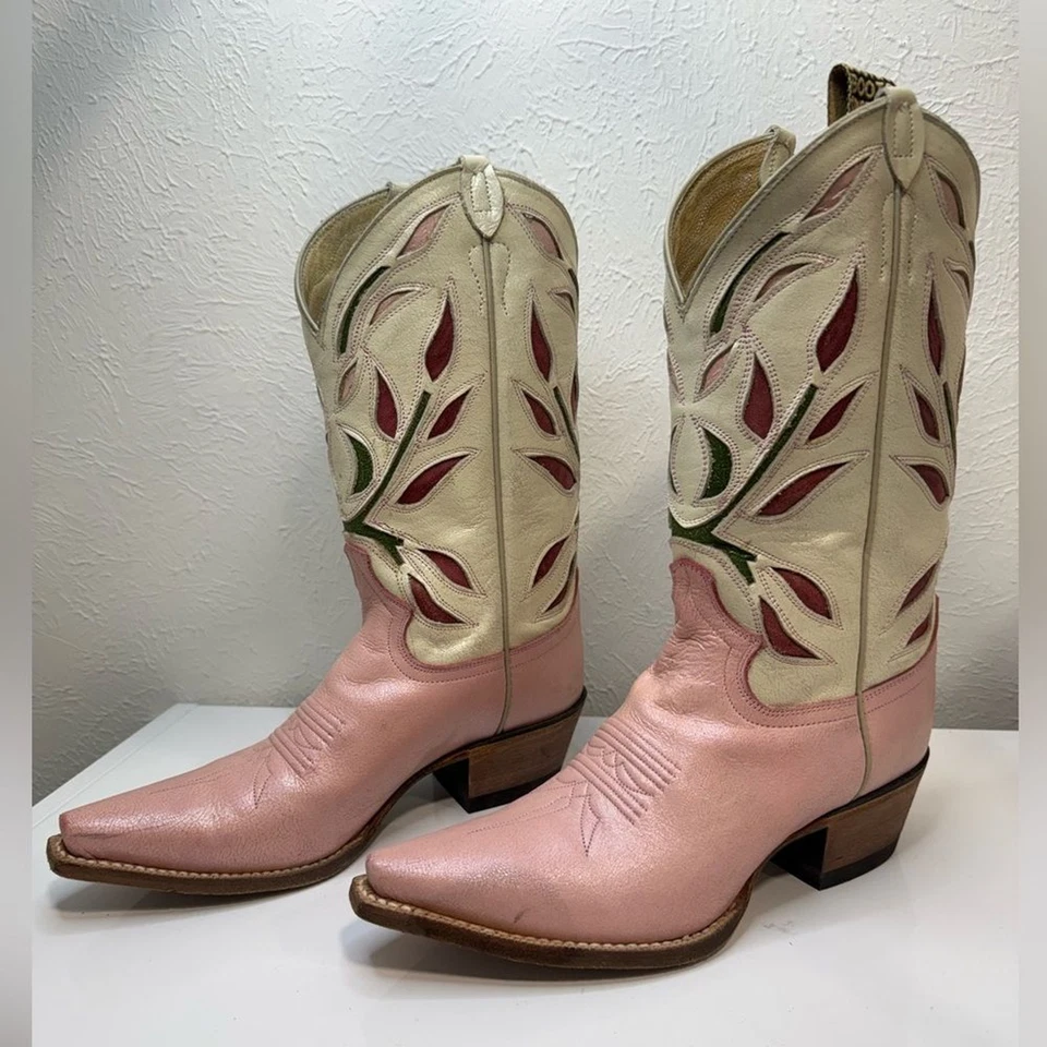 Justin Vintage Pink Floral Inlay Cowboy Western Boots 7.5 - Image 3 of 4