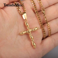 Gold Plated Stainless Steel Religious Cross Pendant Necklace Men's Chain 16-30"