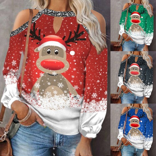 Weihnachten Damen Rentier Elch T-Shirt Damen Langarm Xmas Party Tops Bluse - Bild 2 von 20