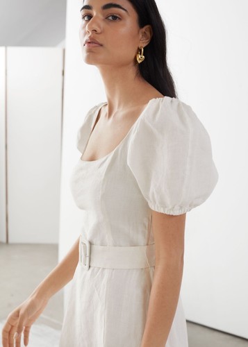u0026 Other Stories Puff Sleeve Ivory Belted Linen Mini Dress US 4 | eBay