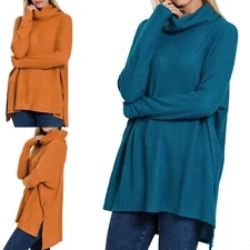 Women's Cowl Turtle Neck Brushed Thermal Waffle Knit Warm Top Oversized Sweater