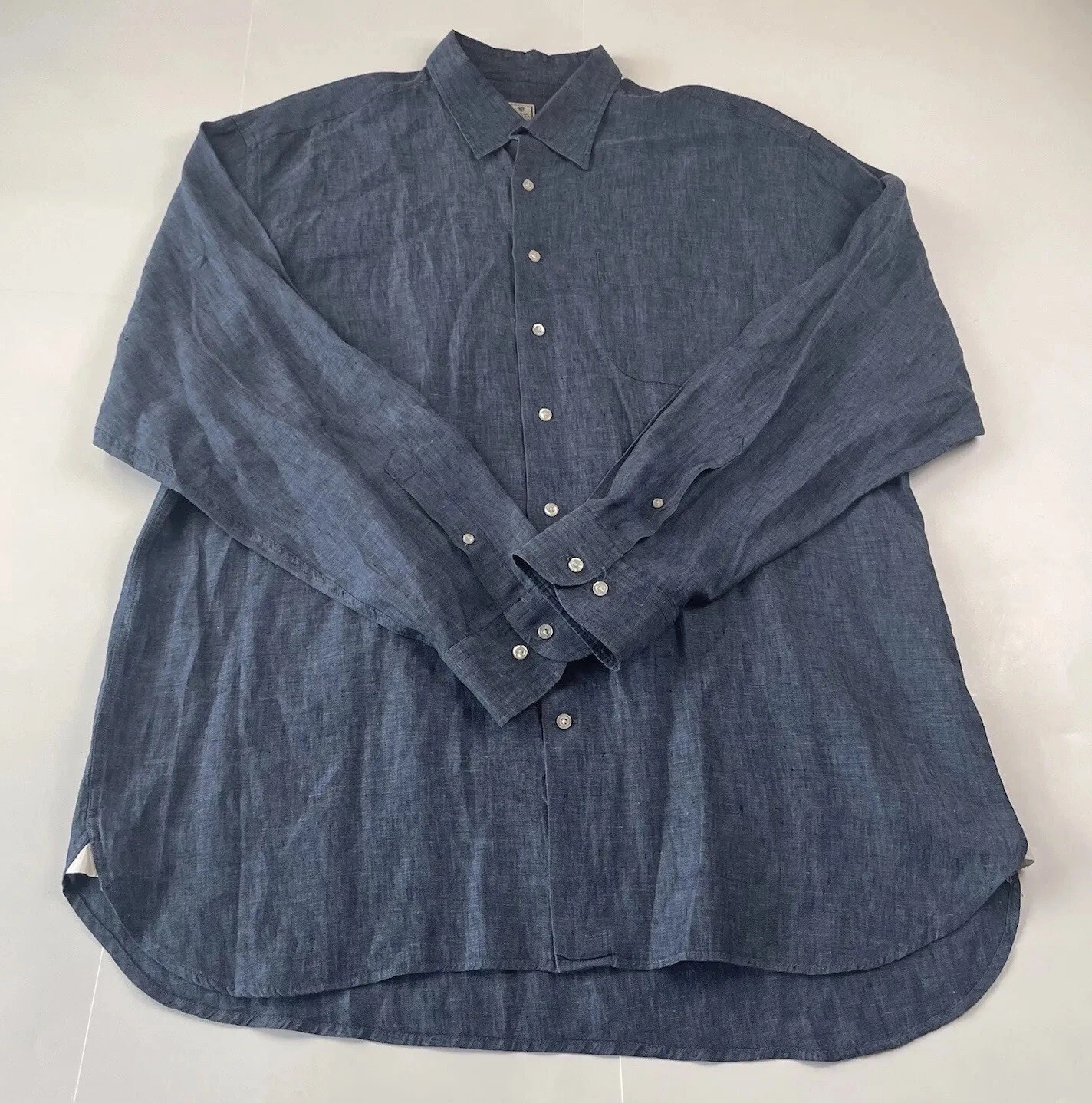Peter Millar Linen Shirt Men's Size XL Solid Blue Long Sleeve Button Up