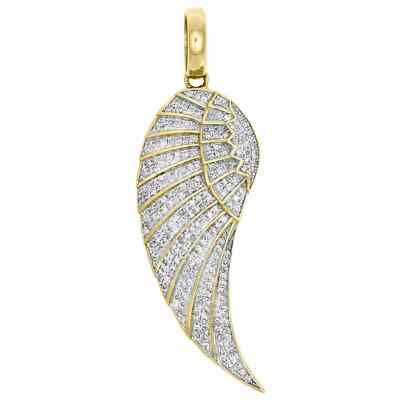 14K Yellow Gold Finish Diamond Angel Wing Feather Pendant 1.8''Pave Charm 1.30CT.