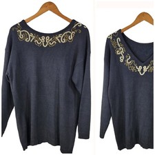 Vintage 80/90s Beaded Pearl Sweater Size Medium Metallic Granny Evening Black
