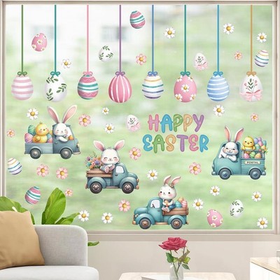 Happy Easter Window Clings Decoration Easter Bunny Eggs Wall Decal Lovely Rab...