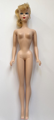 Ponytail Barbie Doll #1 Golden Blonde Poodle Bangs REPRODUCTION, Holes in Feet