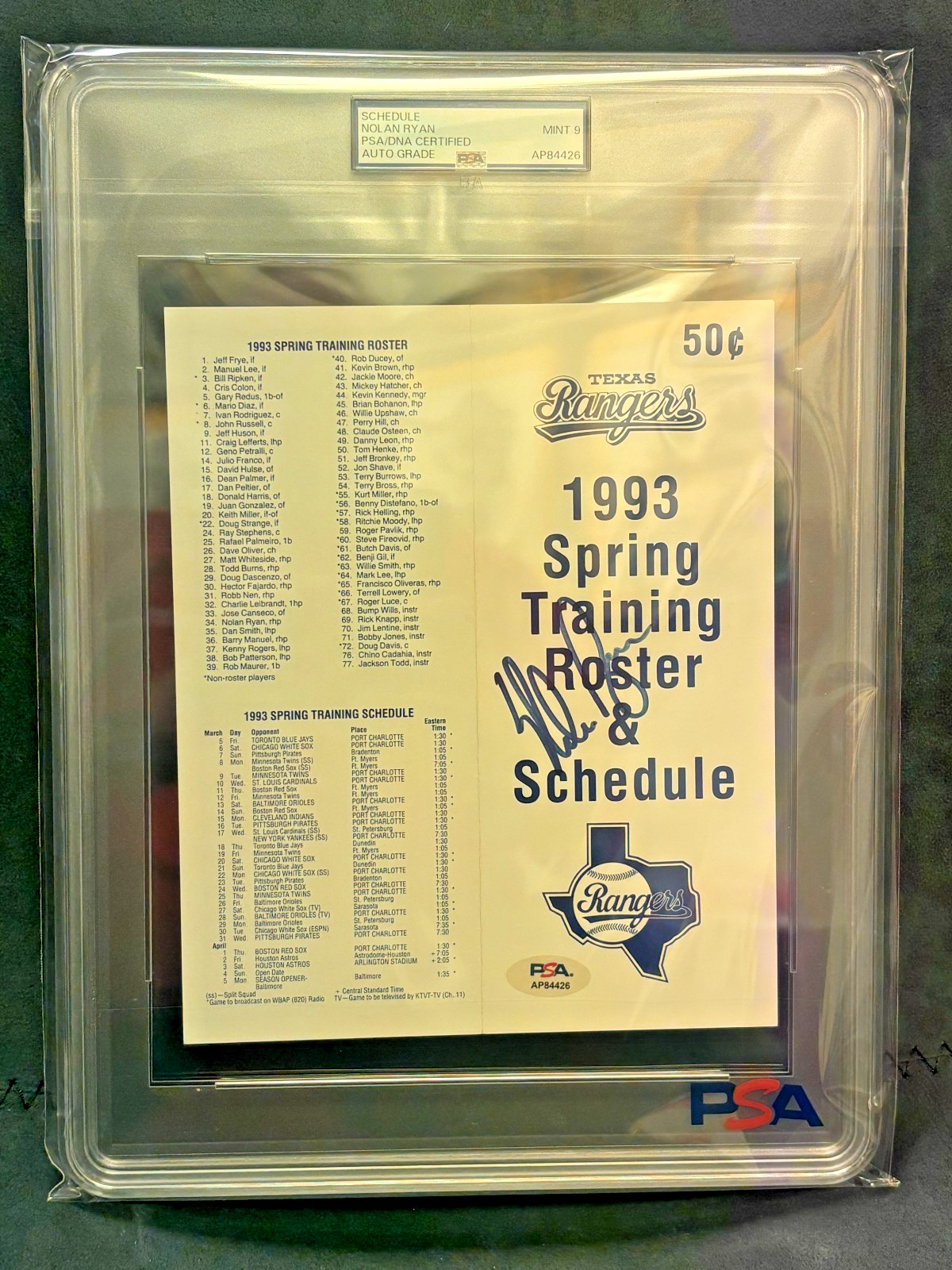 NOLAN RYAN Autograph AUTO signed SCHEDULE Sealed PSA/DNA Photo 🔥 PSA 9 SLAB