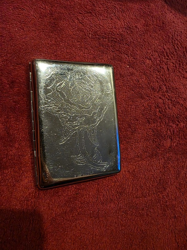 Rose Engraved Metal Hinged Cigarette Case Marked AADL 1997
