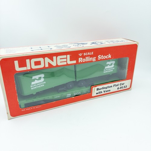 NUEVO Lionel 6-9133 Burlington Northern Flatcar Flatcar Flatcar con remolque furgonetas calibre O - Imagen 4 de 6