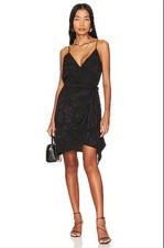 Steve Madden NWT Georgina Faux Wrap Mini Dress Satin Leaf Print Black Ruffle 2