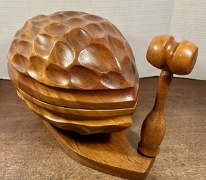 Vintage MCM Monkey Wood Walnut Nut Cracker Bowl Hinge Lid w/ Mallet &Picks Tiki