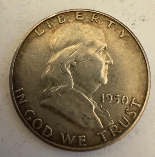 1950 Franklin Half Dollar, 90% Silver, Average Circulated - Very Fine