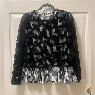 Adore Women's Black Velvet Overlay Top with Gingham Blouse Underlay. Sz Med. 