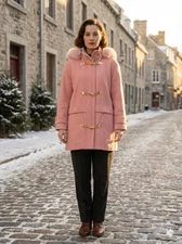 VTG I.Magnin Pink Wool Coat Brass Toggle Clasps Real Fur Trim Hood Union Made 12