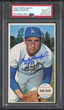 Sandy Koufax 1964 Topps Giants Hand Signed Inscribed HOF 72 PSA 6 / 10 Auto