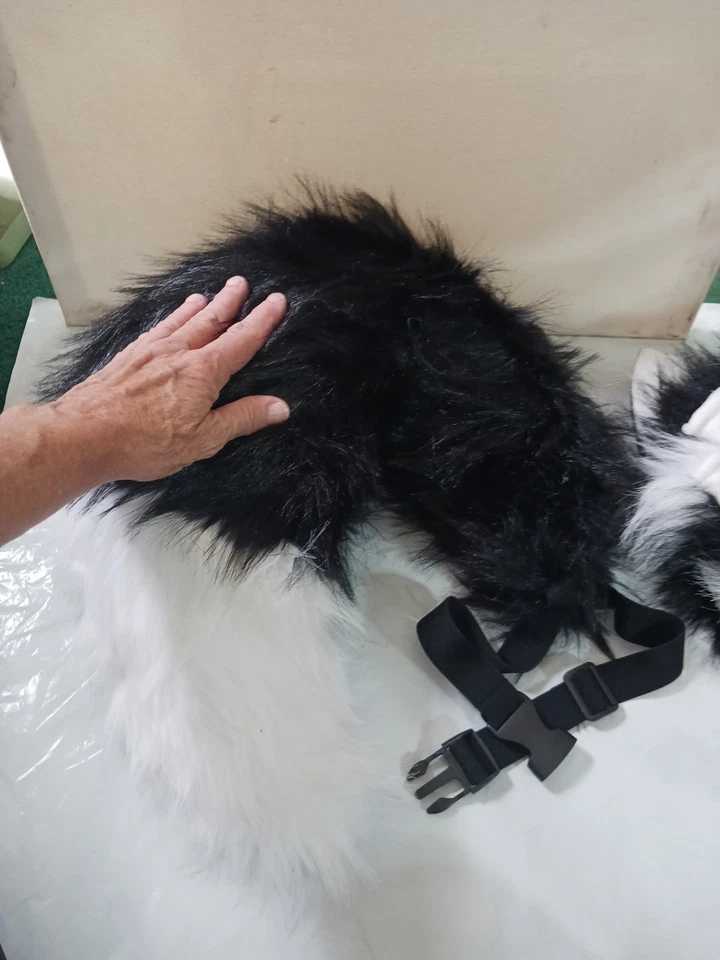 Accesorios de disfraz de lobo. Orejas, cola, patas de bestia. Peludo grueso blanco y negro Foto 3 de 4