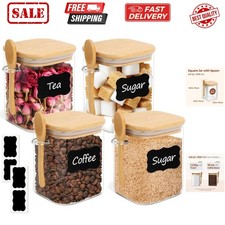 0.8 Qt Glass Jars with Bamboo Lids  Spoons Set of 4, Square Glass Containers...
