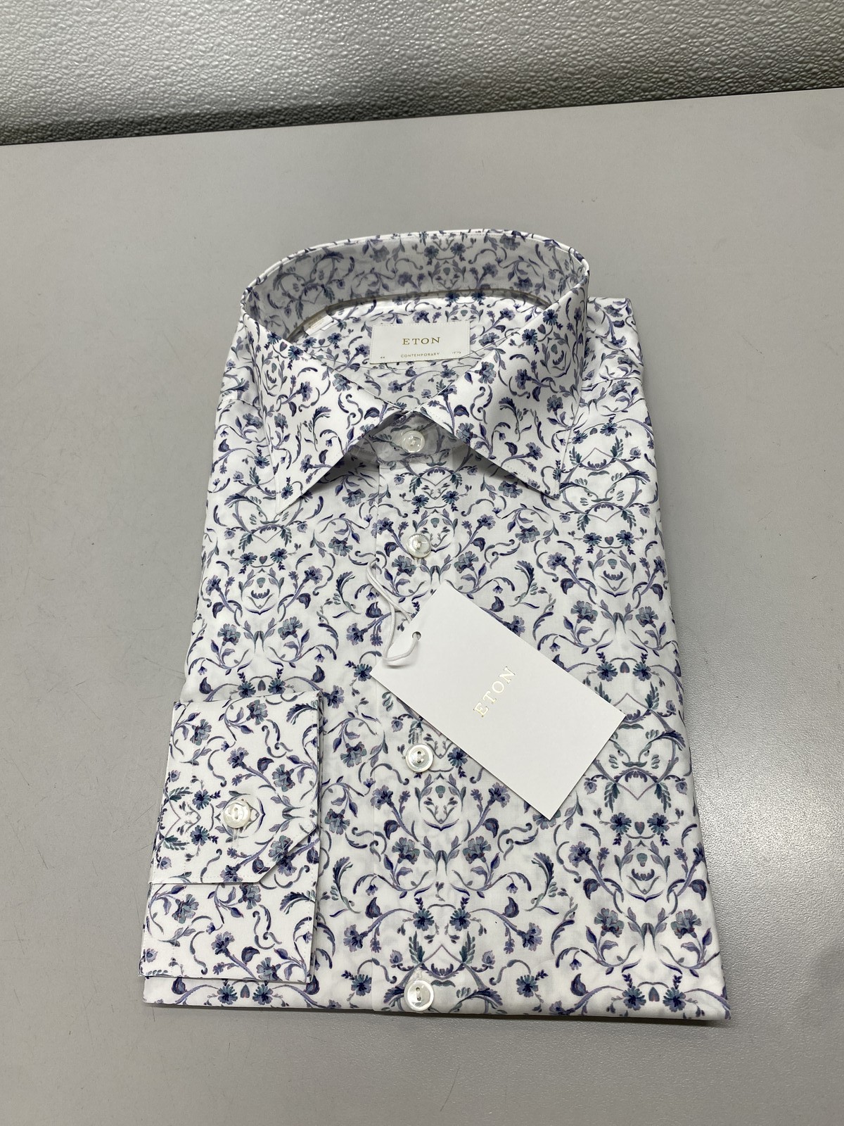 Eton Mens Contemporary Fit Cotton Floral Dress Shirt Size 44 17.5 White, Blue