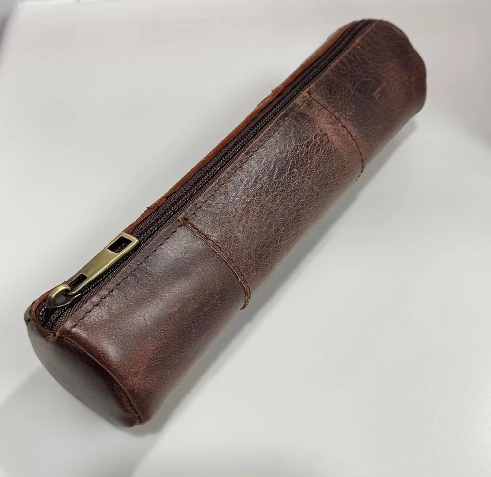 Case Pouch, Full Grain Leather Zippered Pen Pouch Stat...