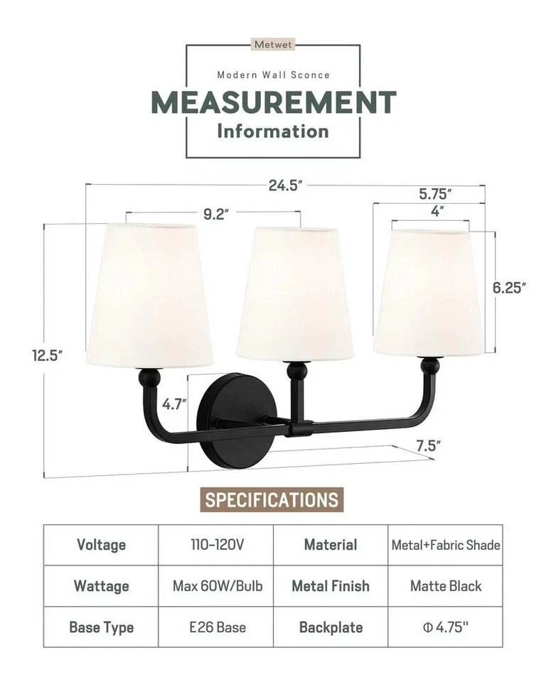 Lámparas de baño, luces de tocador negras mate con tela blanca acampanada S... Foto 2 de 4