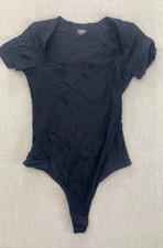 Bodysuit Womens Medium Black Short Sleeve Square Neck Stretch Snap Button