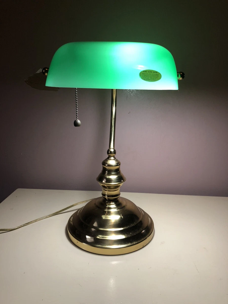 Vintage Bankers Lamp Hand Blown Emerald Green Glass Shade Desk Lamp Light