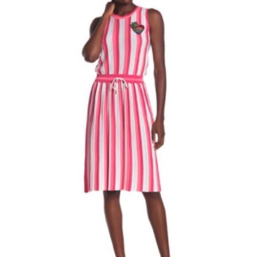 Love Moschino Pink Red White Stripe Mesh Drawstring Midi Flowy Shirt Dress Sz 6 - Picture 2 of 12