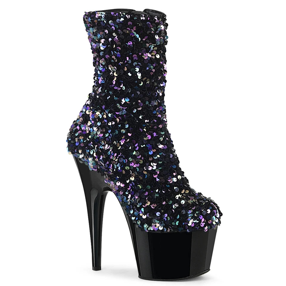 ADORE-1042SQ Pleaser High Heels Plateaustiefeletten schwarz Multi Pailletten - Bild 1 von 1