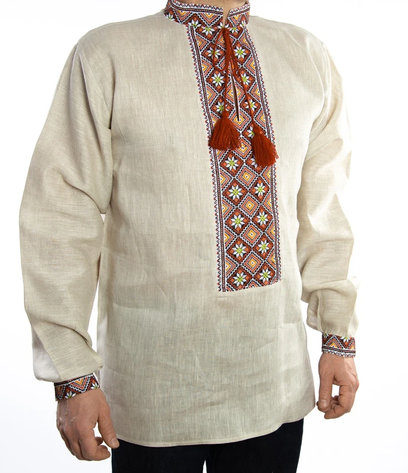 Ukrainian VYSHYVANKA for men beige orange linen hand Embroidered SHIRT Wedding - Image 4 of 4