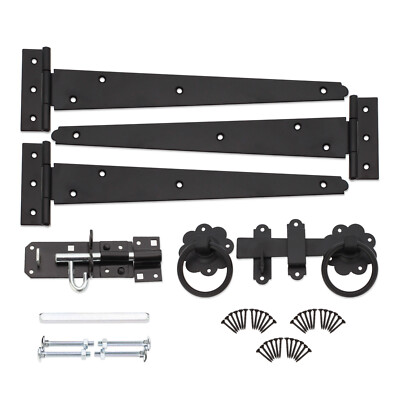 T-Stück Scharniere (3) 12'' Ringriegel Bolzen Set Gartentor Holztor Beschlagset schwarz