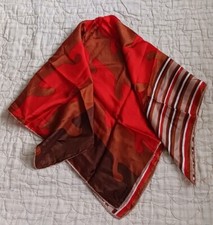 Vintage satin scarf orange brown tan white art stripe w/rolled hem 26x26" square