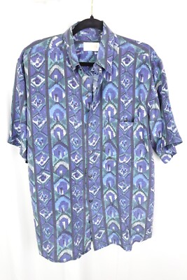 Vintage Summa Shirt Men s S 100% Silk Blue Geometric Abstract 90s Button-Up
