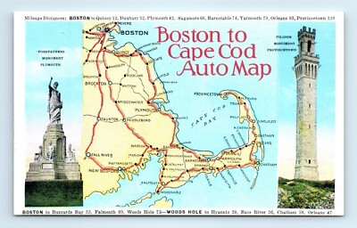 Cape Cod, MA Postcard - Automobile Map from Boston to Cape Cod - WHITE BORDER
