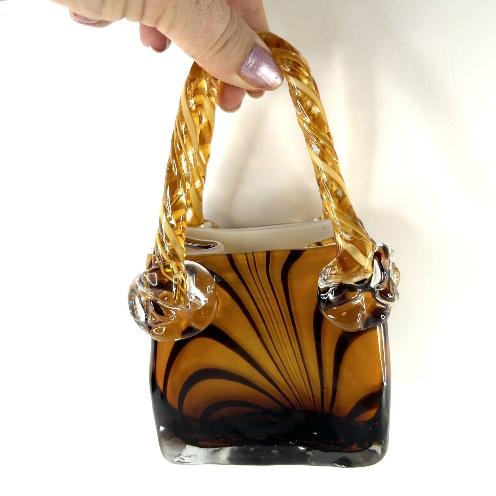 ART GLASS PURSE VASE Tiger Swirled Amber & Black Colour Home Decor Gift Trinkets