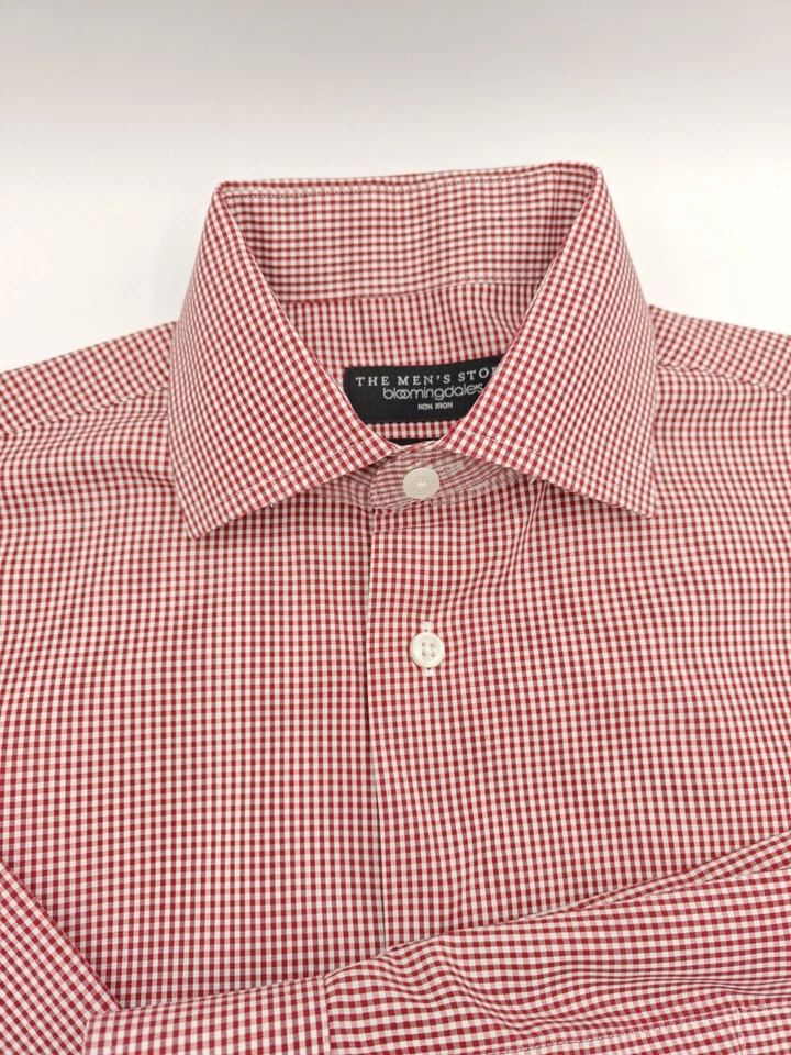 🇺🇲 New Bloomingdale's Mens Non Iron Single Needle Shirt S 14.5x33 Red Gingham - Image 3 of 4