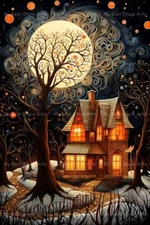 MOON HOUSE ART PRINT, Dark Fantasy Halloween Decor, Tree Painting Poster C257