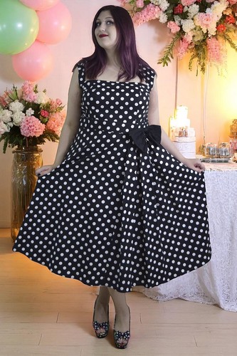 50's Vintage Polka Dot Belted Dress Retro Party High Collar Flare Skirt Dress - Picture 21 of 32