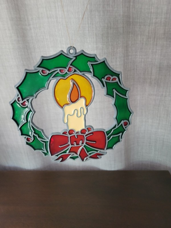 Vintage Hanging Christmas Holiday Stained Glass Wreath + Candle 6" 