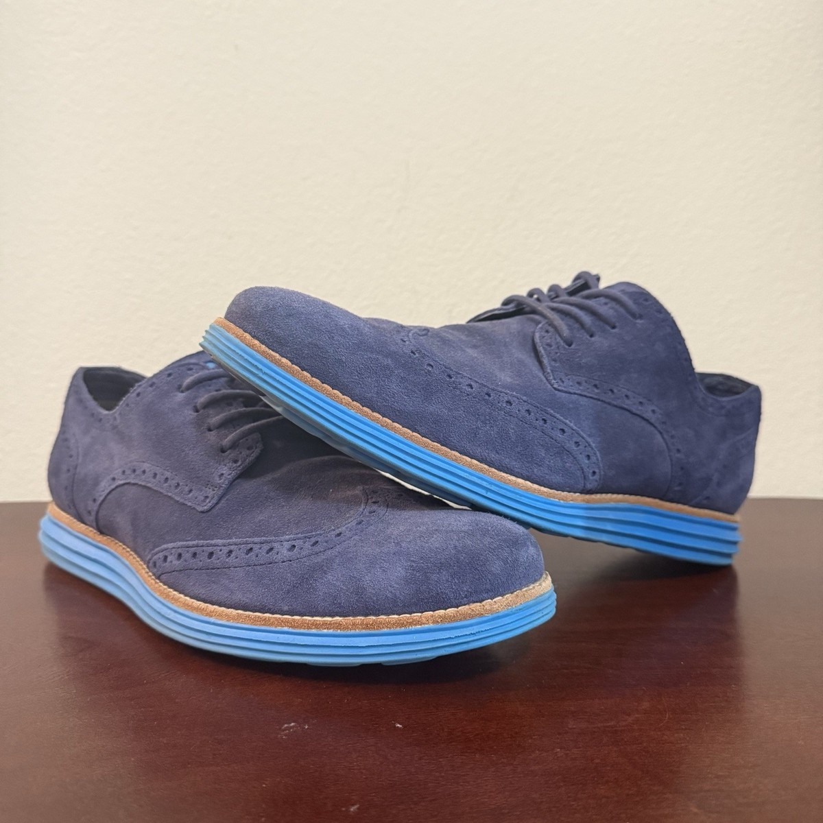 Cole Haan Lunargrand Oxford Wingtip Blue Suede Shoes Men's